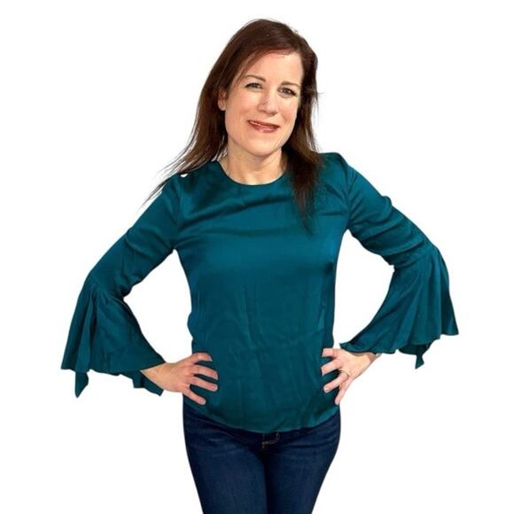 NWT Milly Teal 3/4 Flare Sleeve Silk Blouse - “Peacock Holly Top” - Size 6 - Picture 5 of 14
